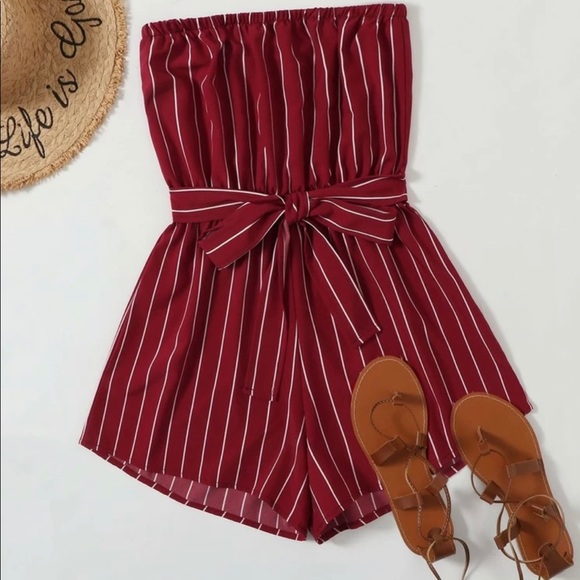 Burgundy striped tube romper